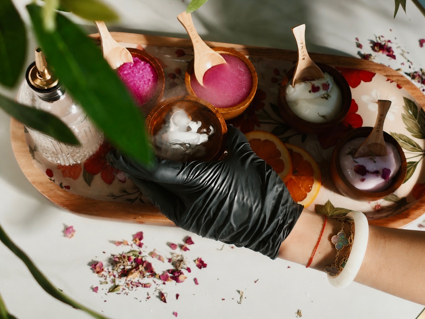 Blume Nail Bar - Luxury Nail Salon — rose pedicure ritual tray with scrubs, masks and citrus