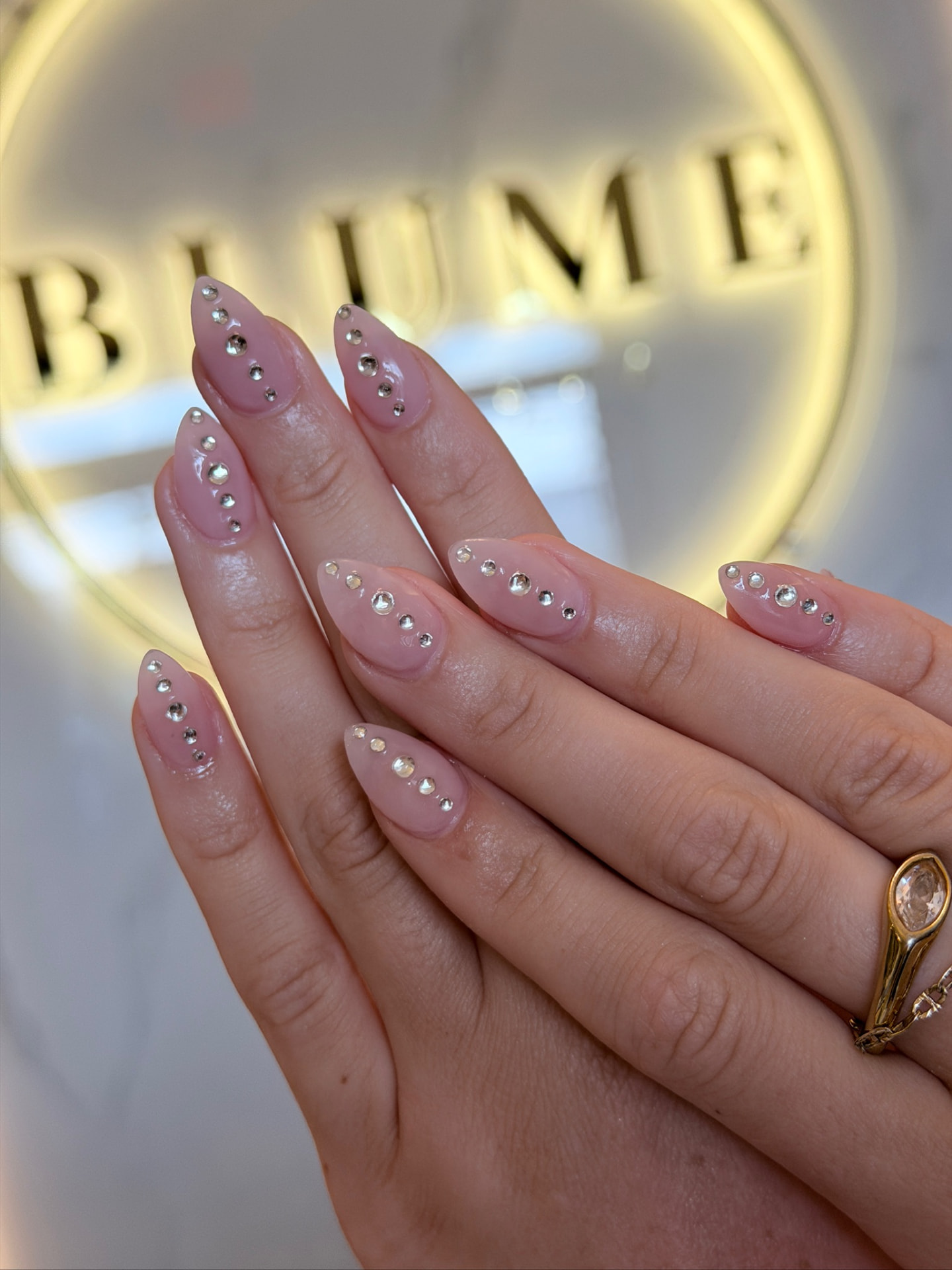 Blume Nail Bar - Luxury Nail Salon — rosy pink stiletto nails with cascading crystal rhinestones at the Blume sign