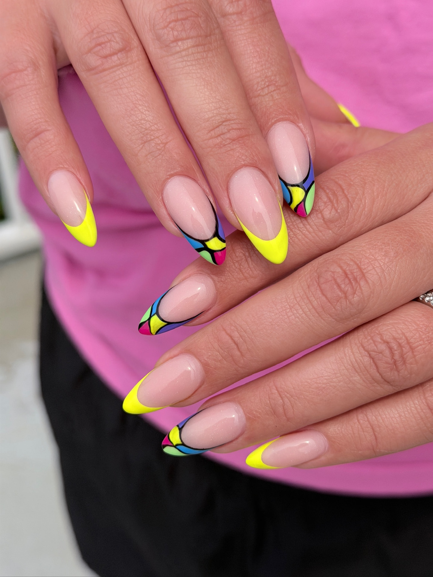 Blume Nail Bar - Luxury Nail Salon — almond nails with neon yellow French tips and stained-glass nail art