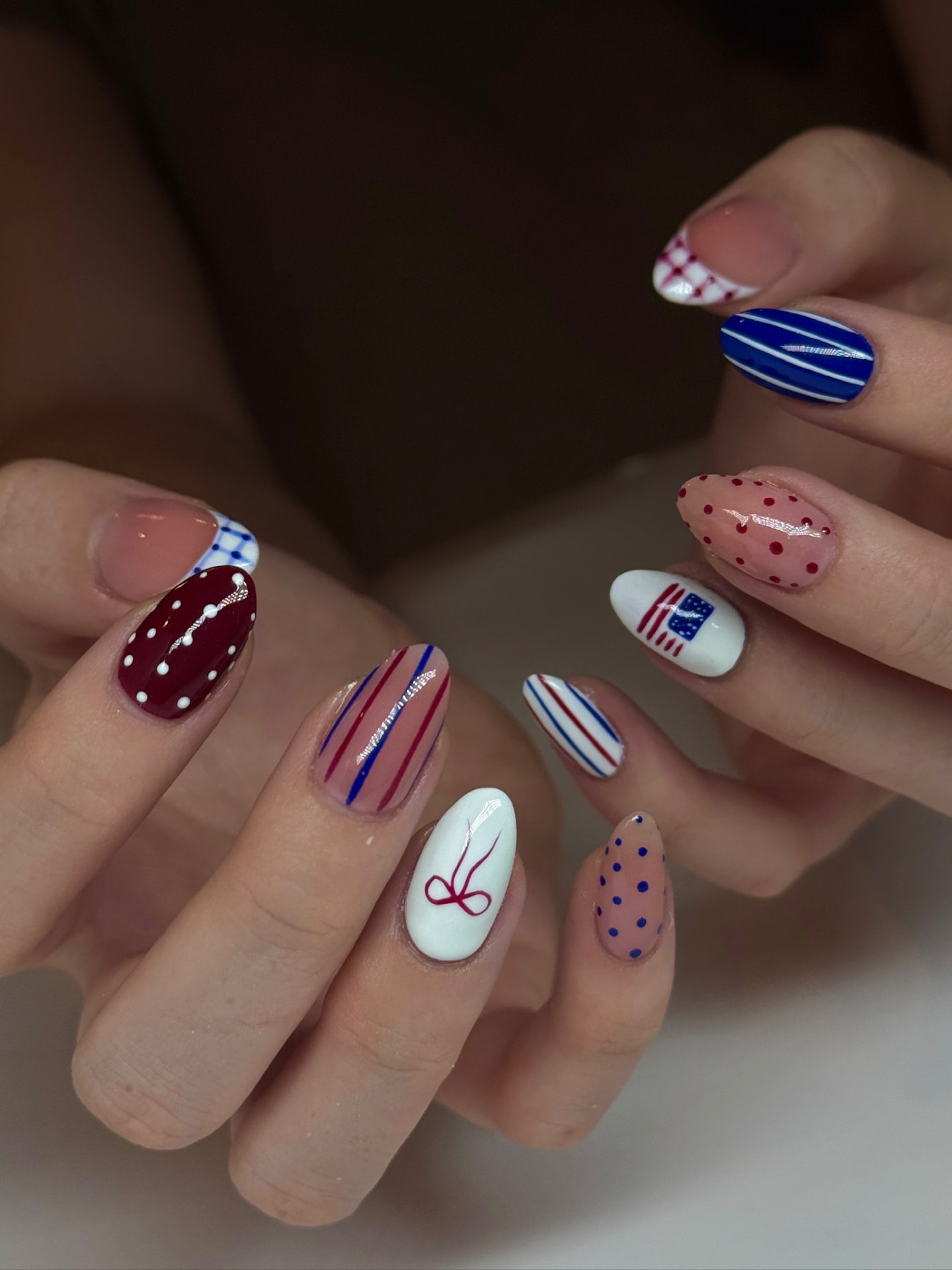 Blume Nail Bar - Luxury Nail Salon — patriotic red, white and blue nails with stripes, dots and flag art