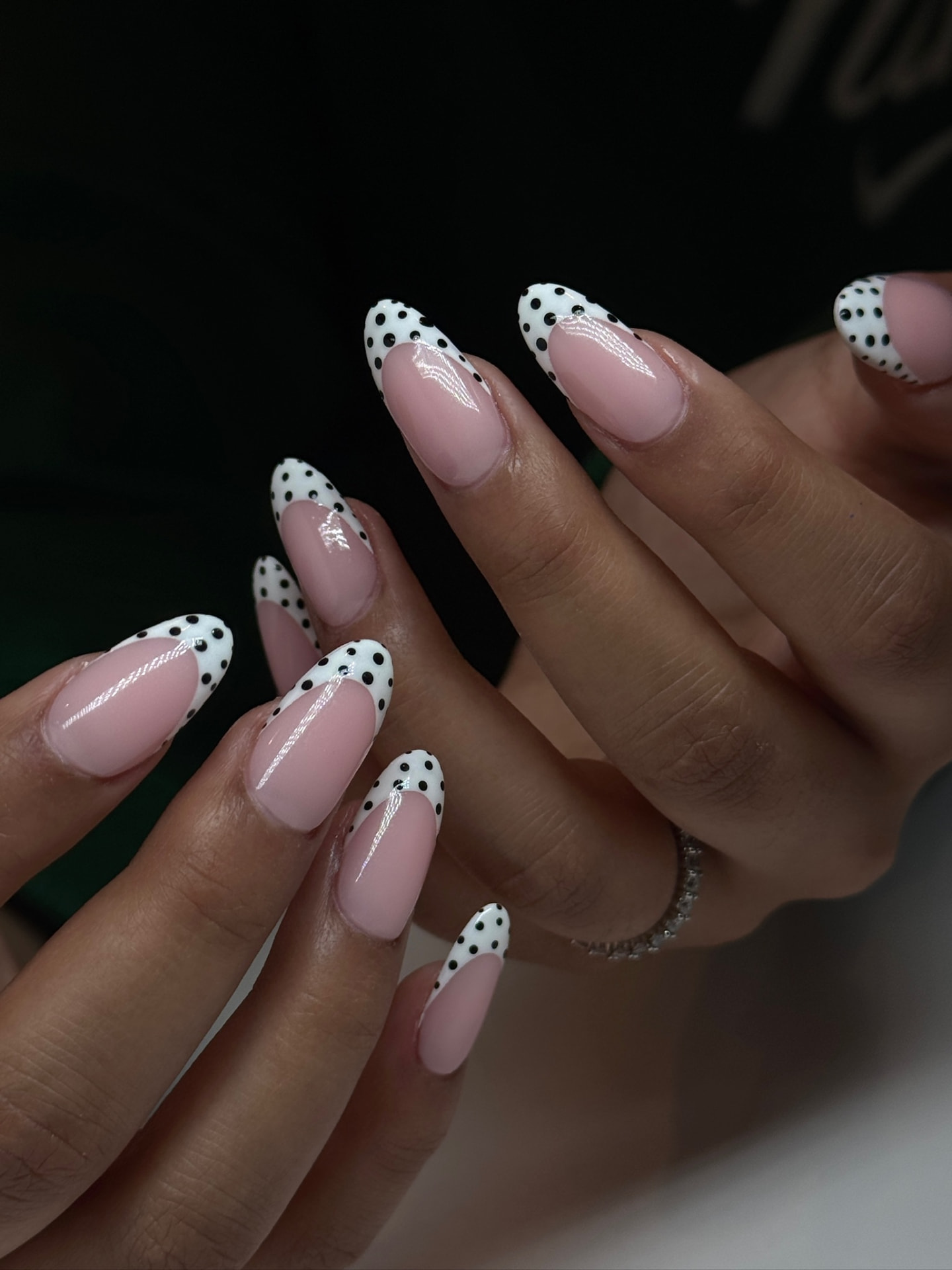 Blume Nail Bar - Luxury Nail Salon — almond nails with white polka dot French tips