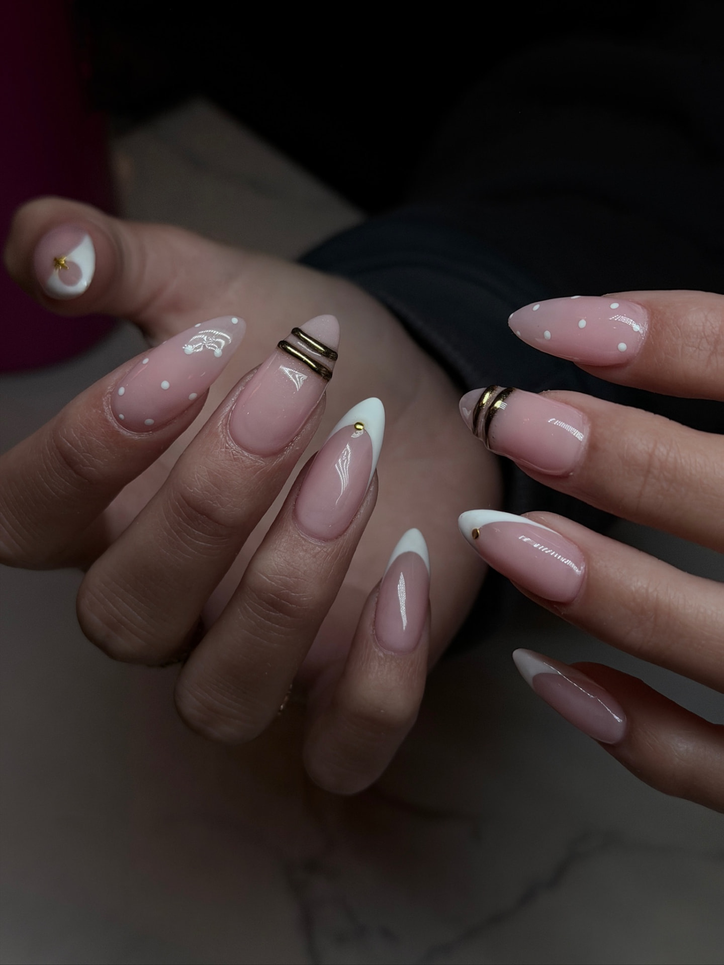 Blume Nail Bar - Luxury Nail Salon — blush pink nails with gold jewelry accents, white tips and dot details