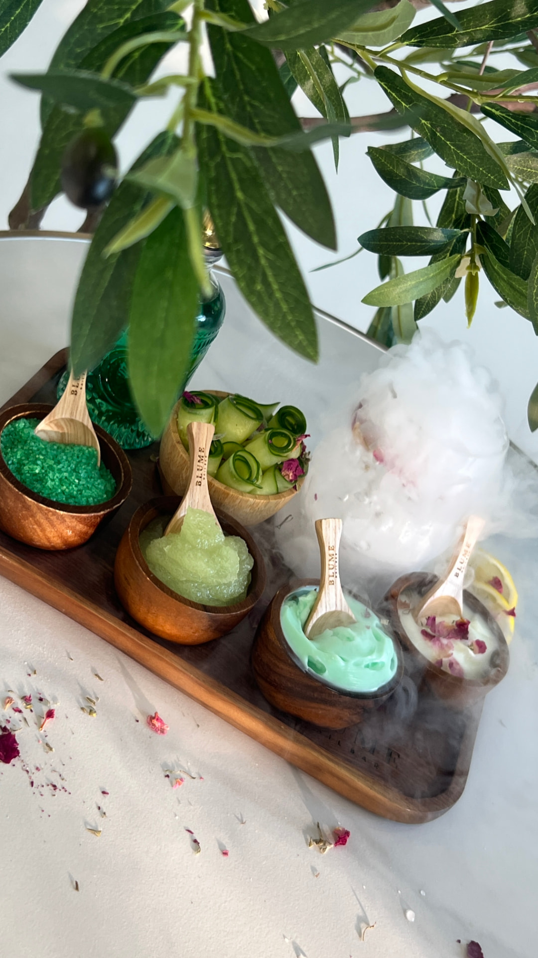 Blume Nail Bar - Luxury Nail Salon — green spa pedicure tray with sea salt, masks and cucumber